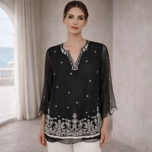 Silkland Woman Black Silk Embroidered Sheer Sleeve Blouse 2X Quiet Luxury